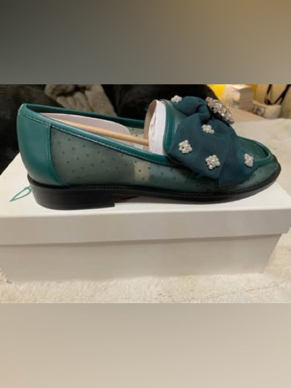 Betsey Johnson Emerald Bow Loafers with Pearl Accents